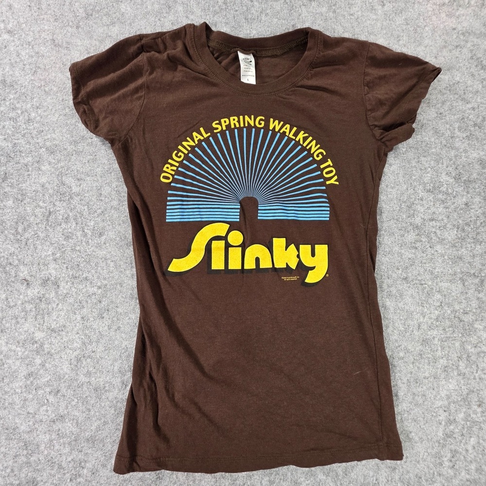Juniors Women's Slinky Spring Walking Toy T-Shirt Tee Shirt Top Y2K 2008 Brown L